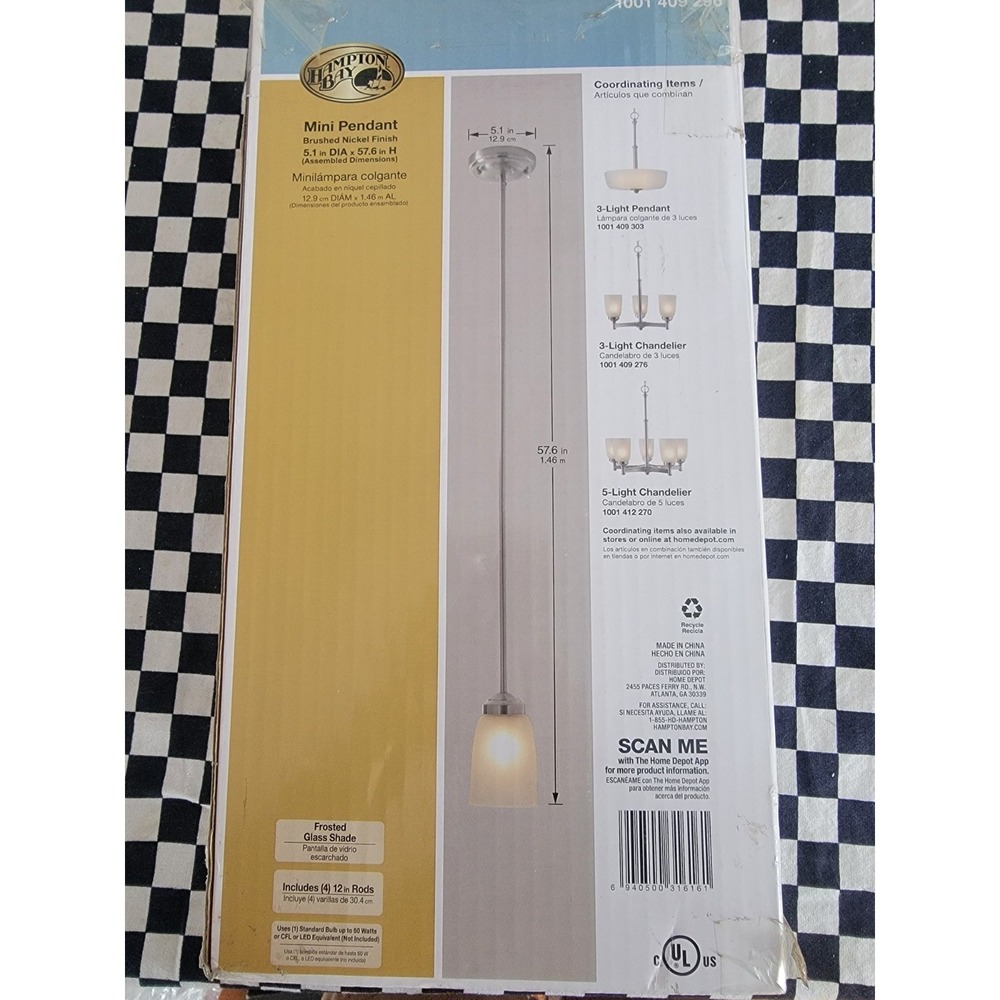 Hampton Bay Mini Pendant Light Brushed Nickel Frosted Glass Shade NEW Open Box‎